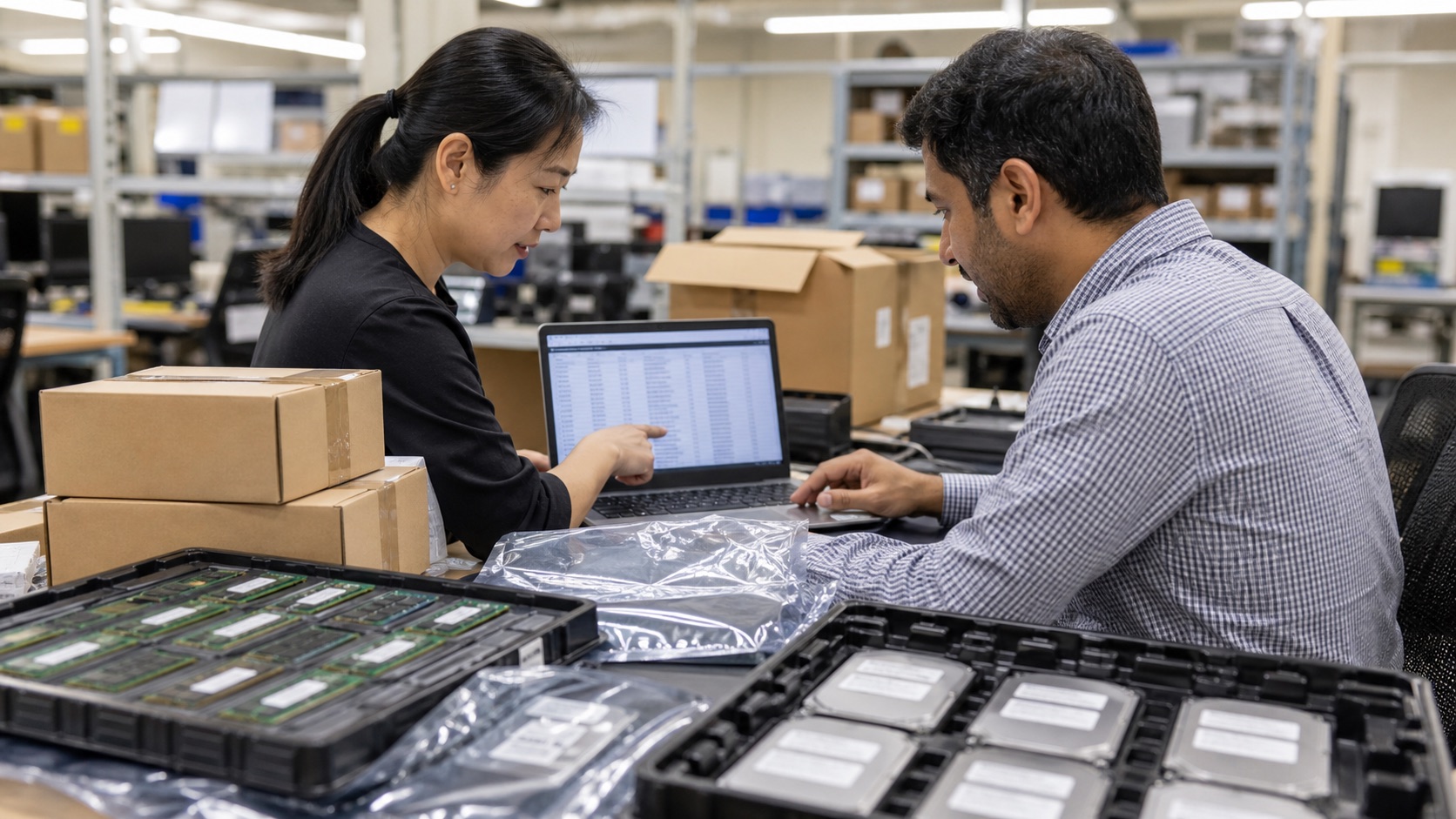 IT procurement specialists reviewing a server component BOM