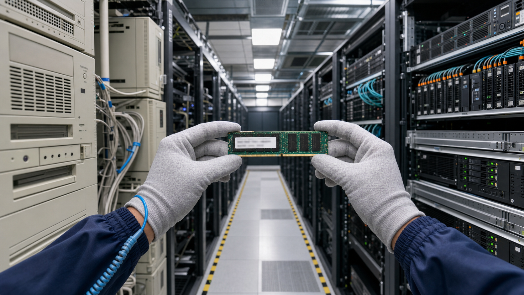 Data center rack with servers of different generations, technician holding a memory module