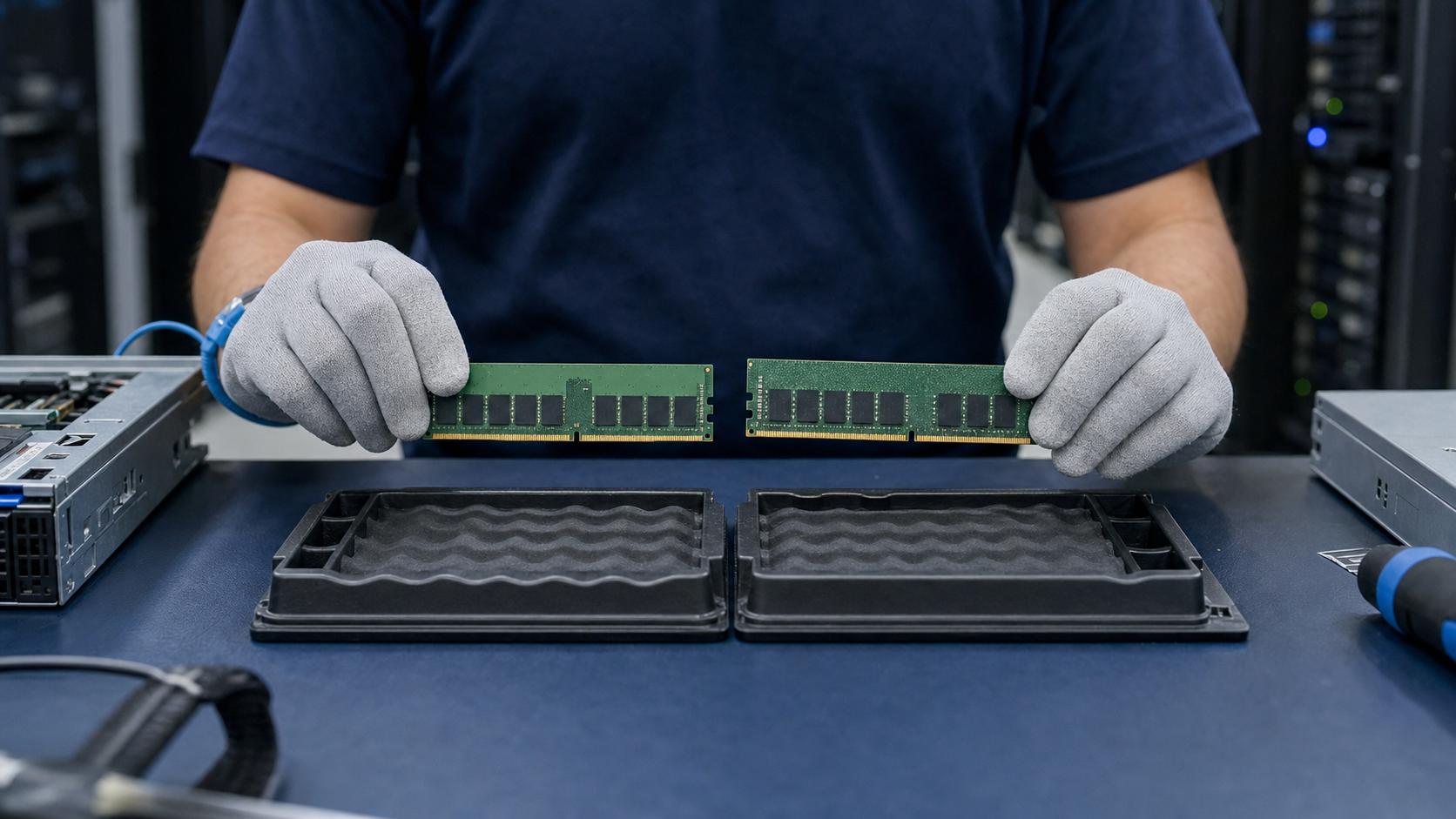 Technician comparing enterprise server memory modules in a data center