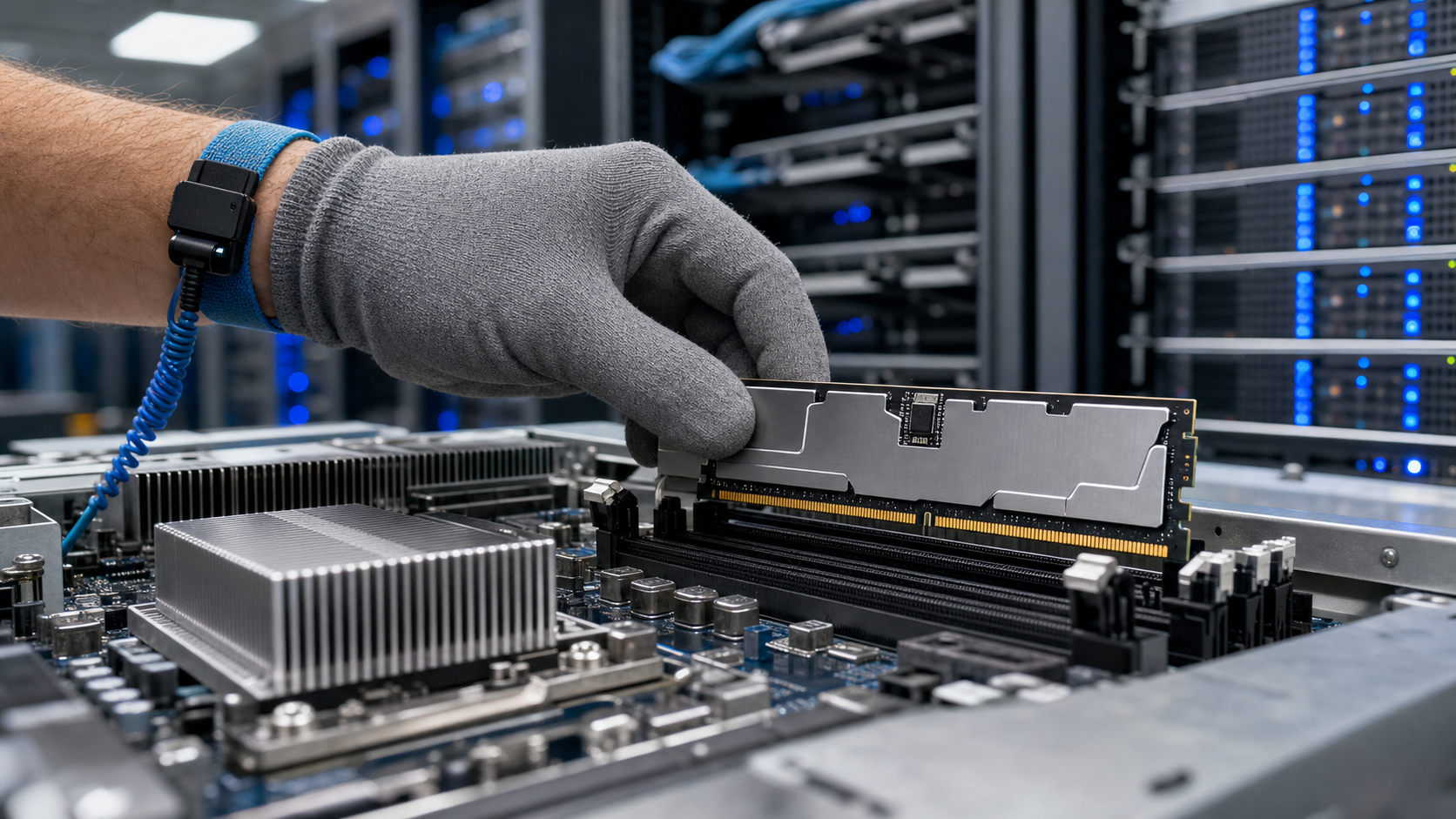 DDR5 server memory modules installed in a server motherboard with labeled slots and heat sinks, illustrating population rules
