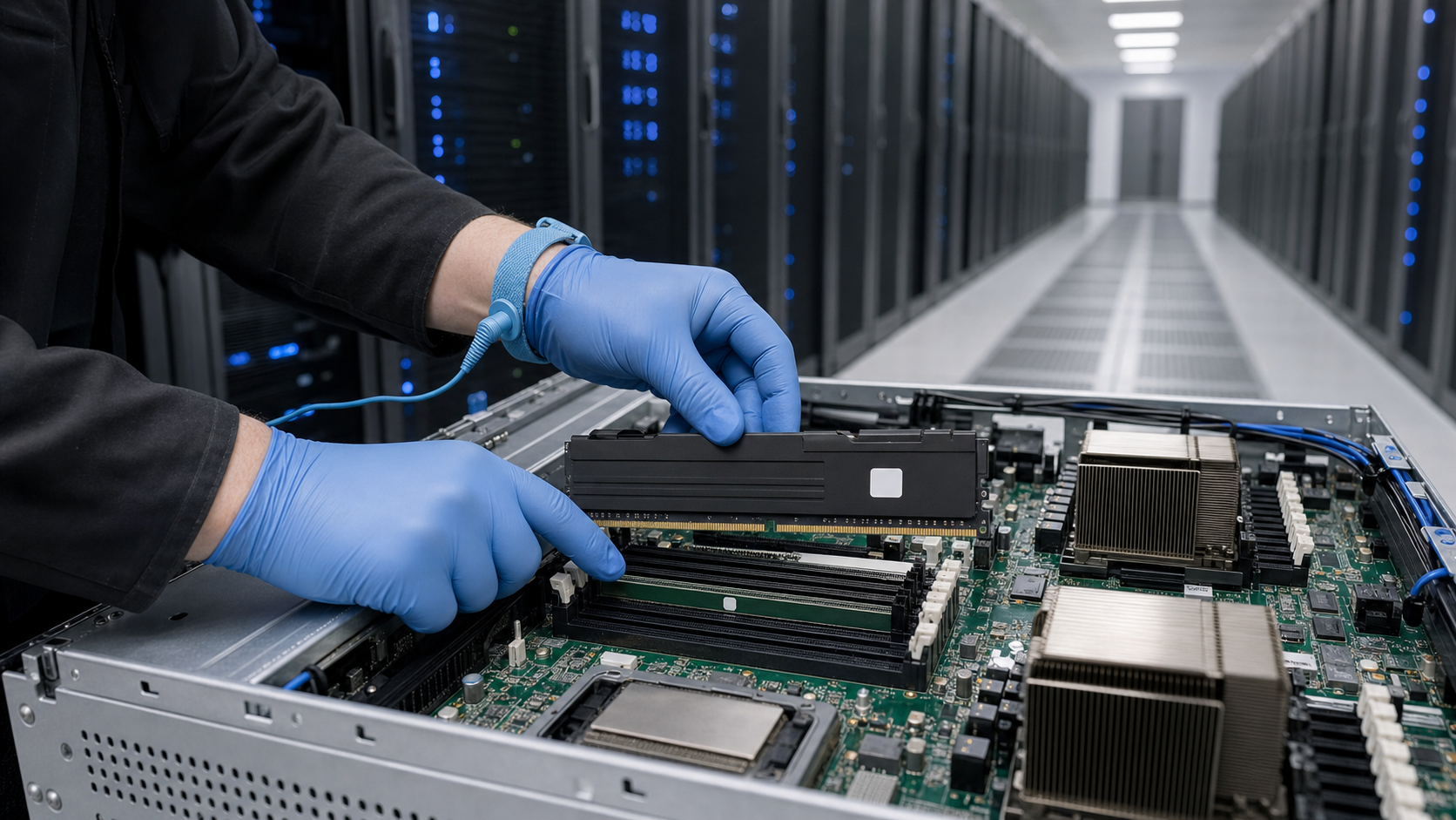 Data center server rack with memory modules being installed by technician