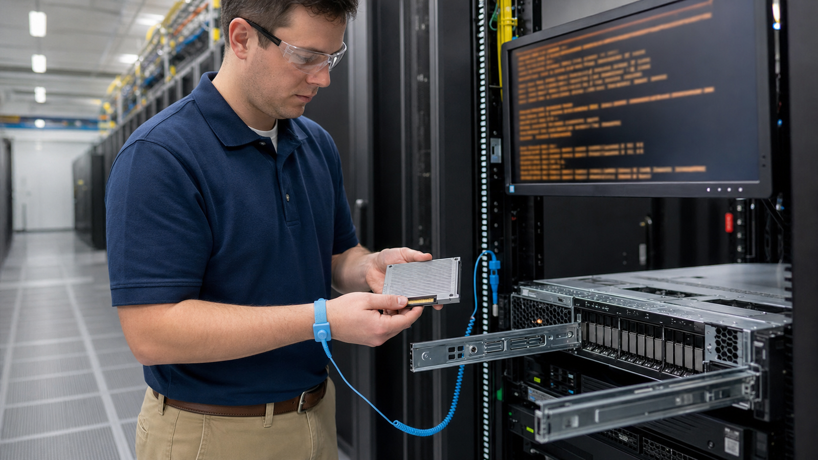 Data center technician replacing an enterprise SSD in a server rack, with firmware validation screen in background