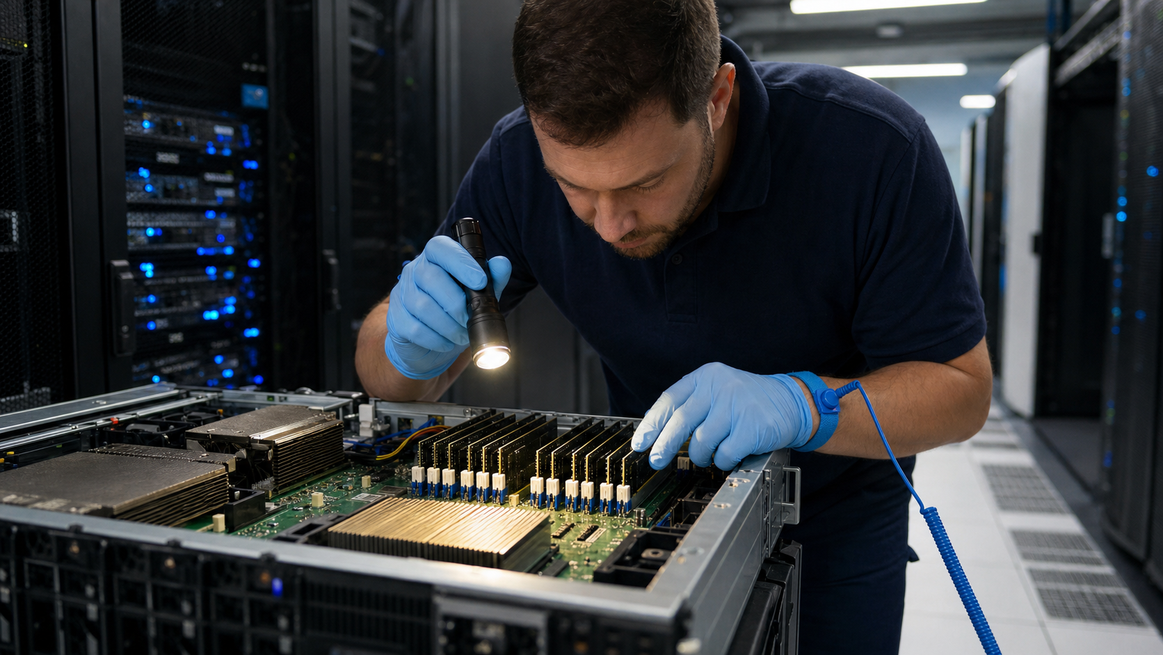 Data center technician inspecting DIMM slots on a server motherboard with a flashlight, wearing an antistatic wrist strap, server rack background.