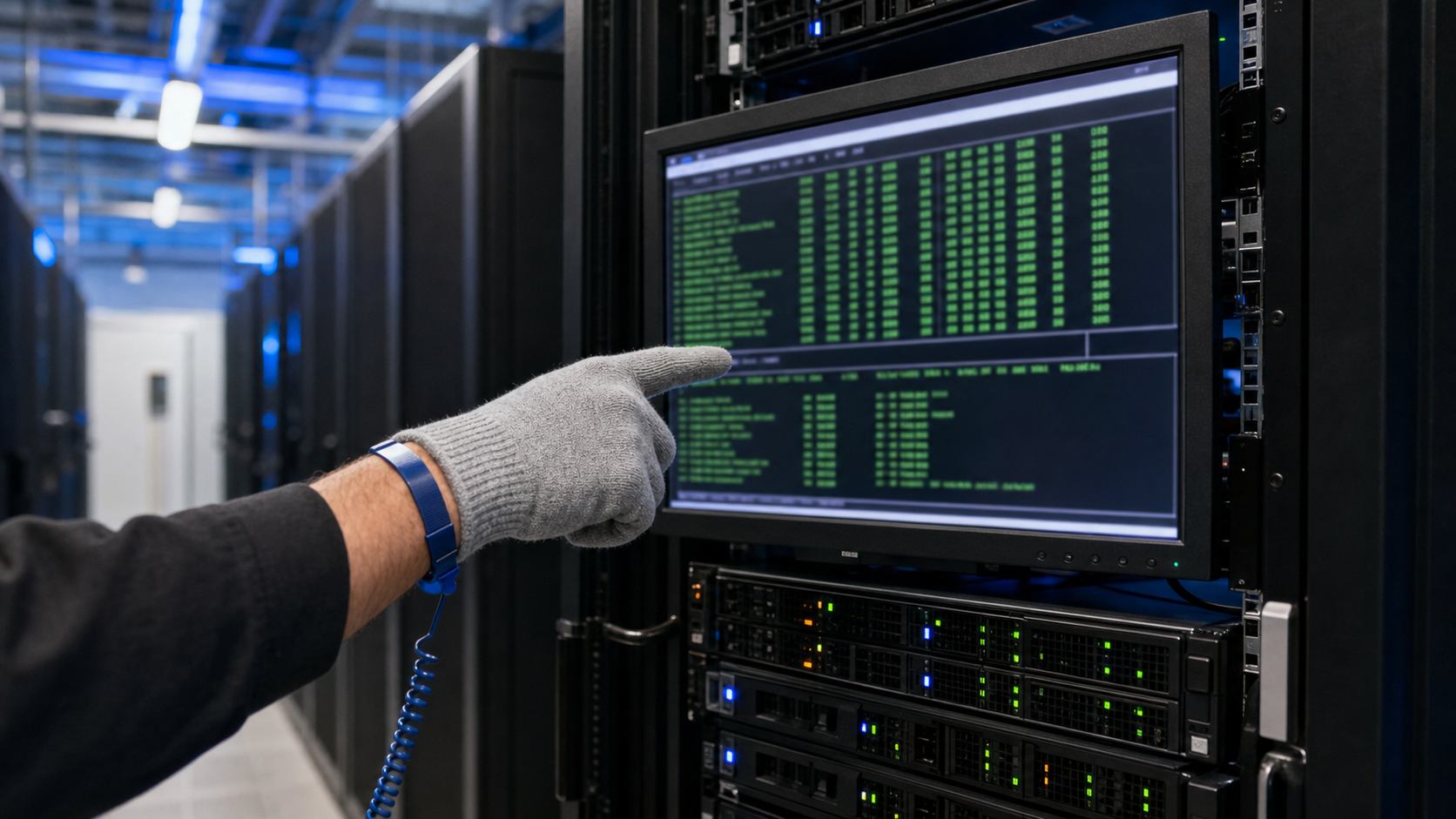 Data center rack with server drives, monitoring screen showing S.M.A.R.T. attributes and error logs