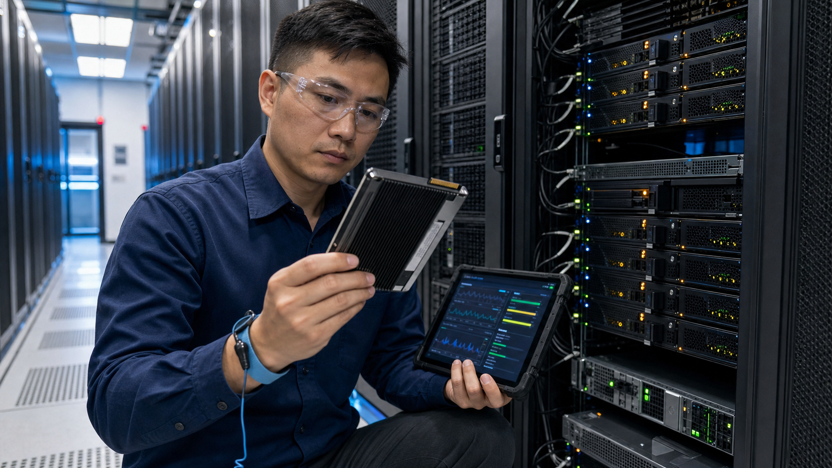 Data center technician inspecting NVMe SSD SMART data on a server console before deployment