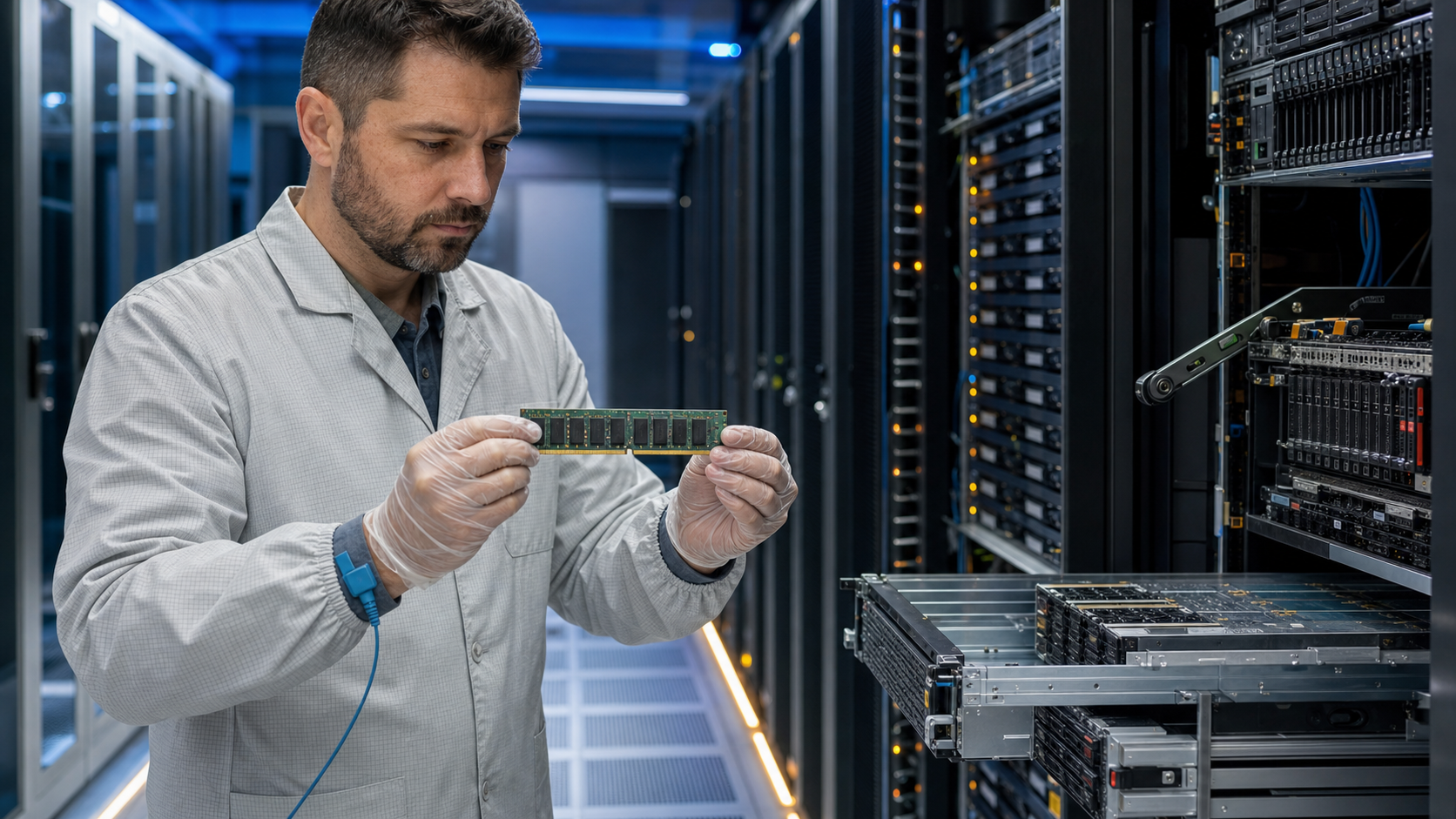Data center server racks with EOL components being inspected by a technician
