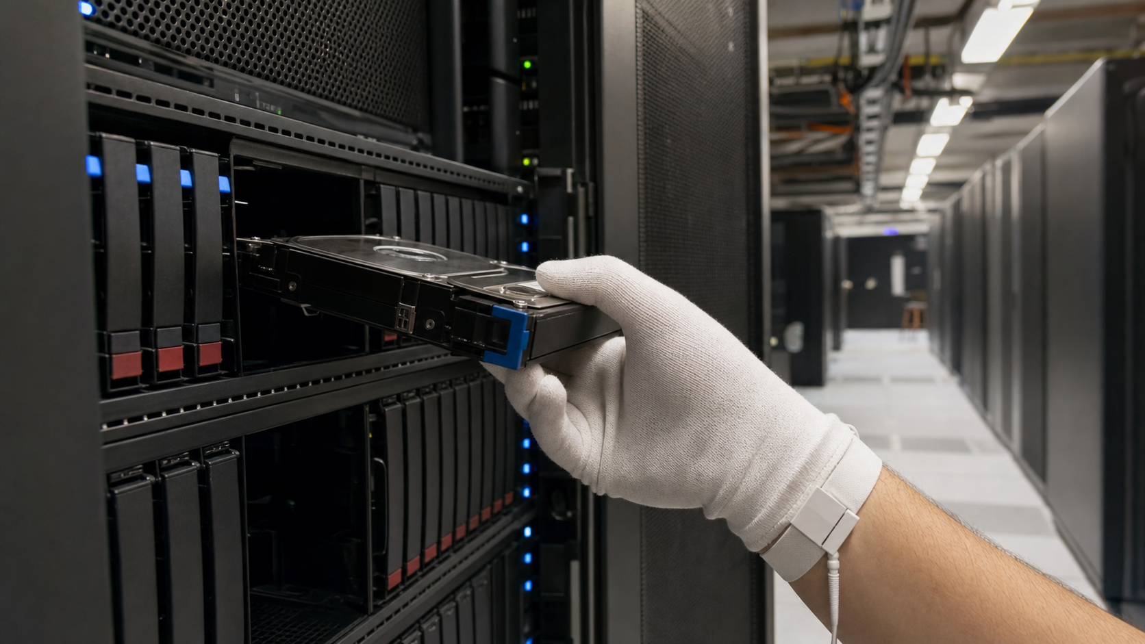 Data center rack with servers and storage arrays, illustrating nearline SAS and enterprise SATA drive deployment