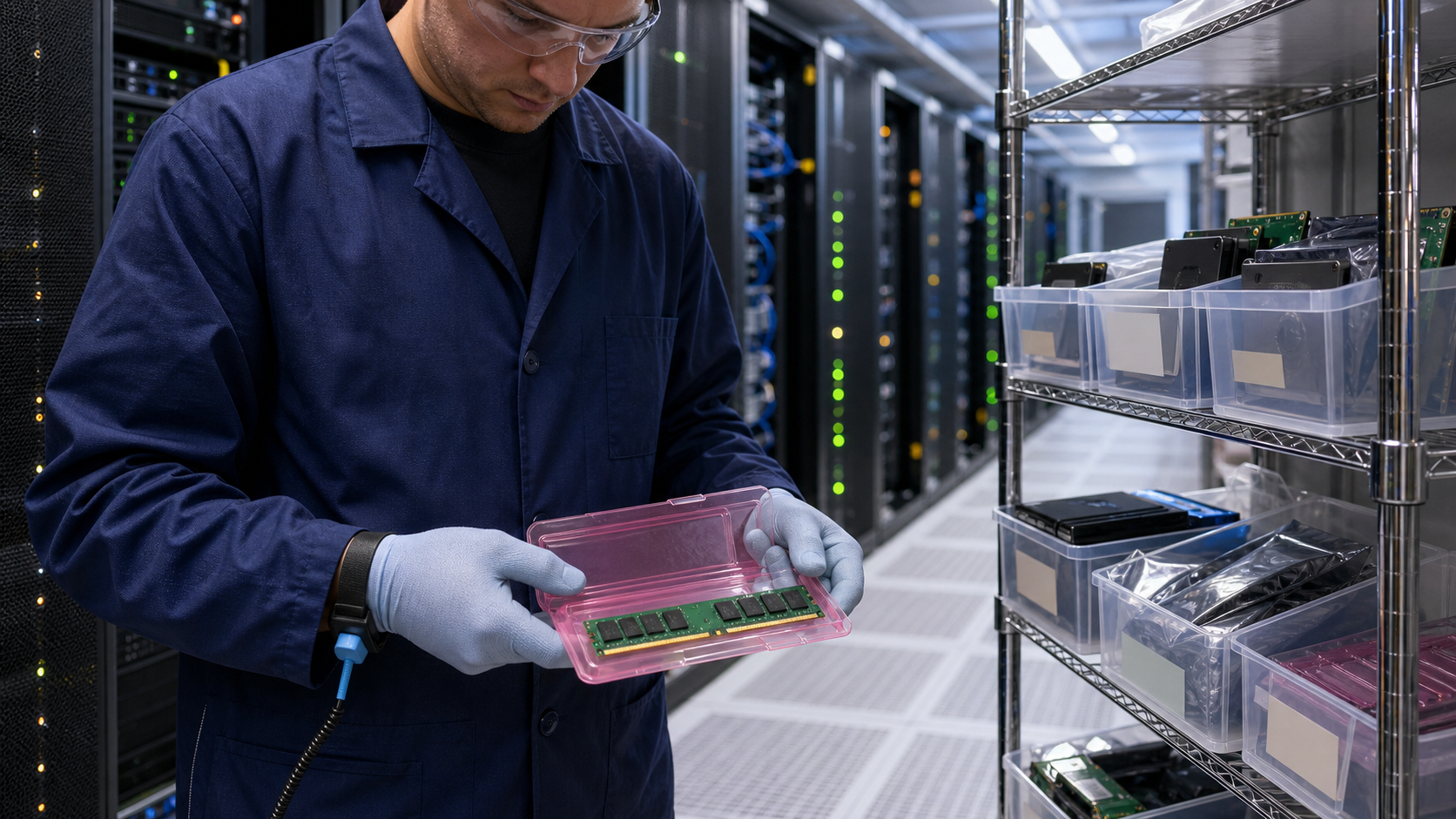 Data center maintenance team inspecting server racks with spare parts inventory in background