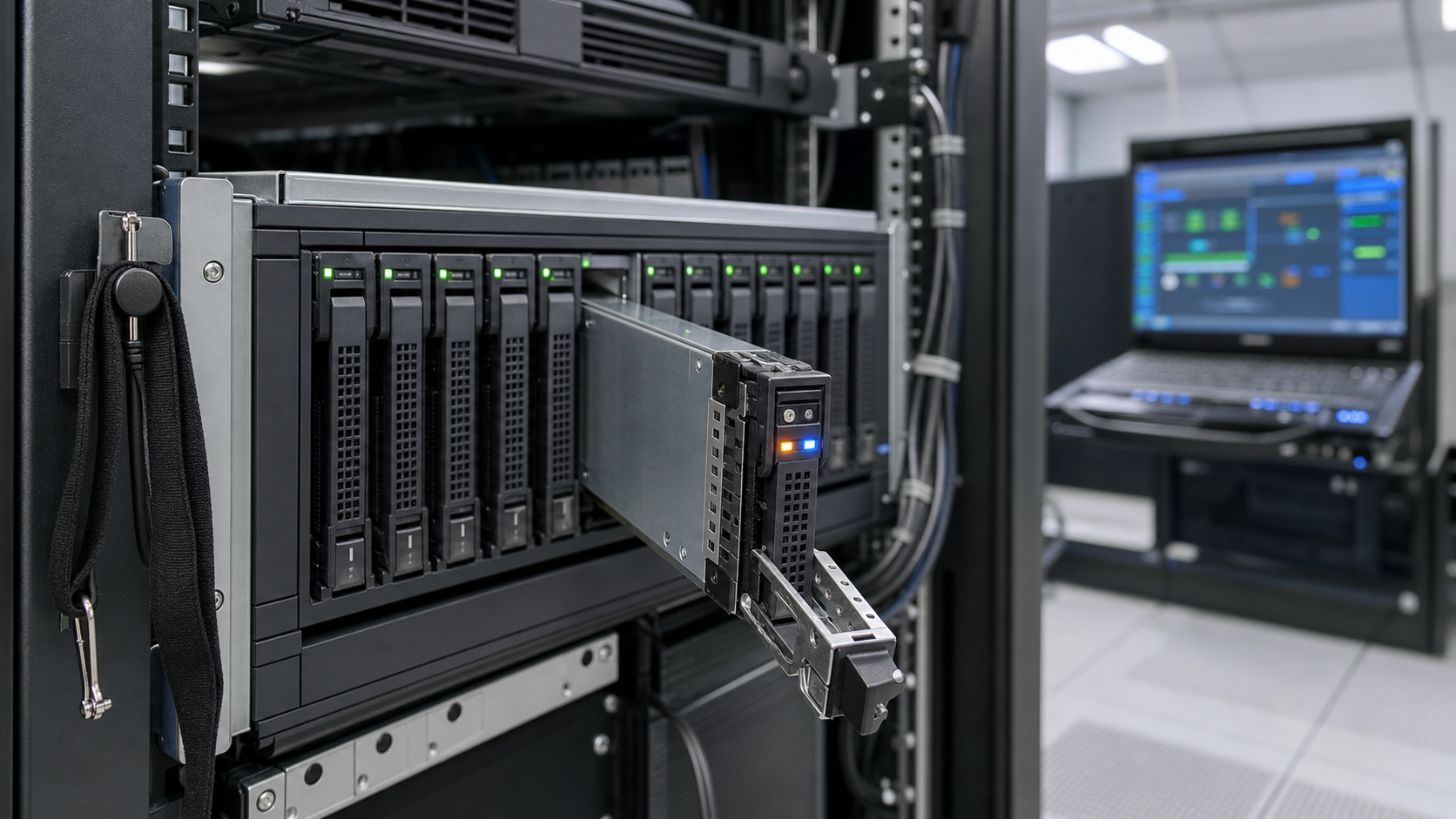 Data center technician preparing to replace a hard drive in a server rack with RAID array status displayed on monitor