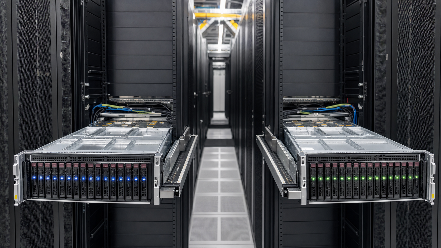 Data center server rack with SSDs labeled read-intensive and mixed-use for workload comparison