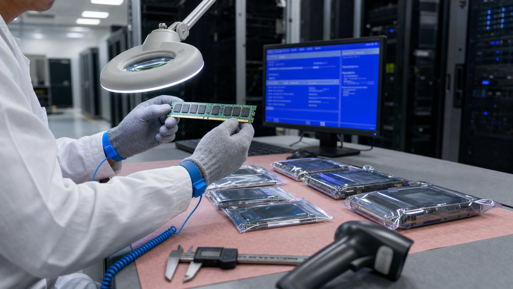 A technician in an ESD-safe lab inspecting a server memory module with a magnifying glass, with SSDs and HDDs on an anti-static mat.