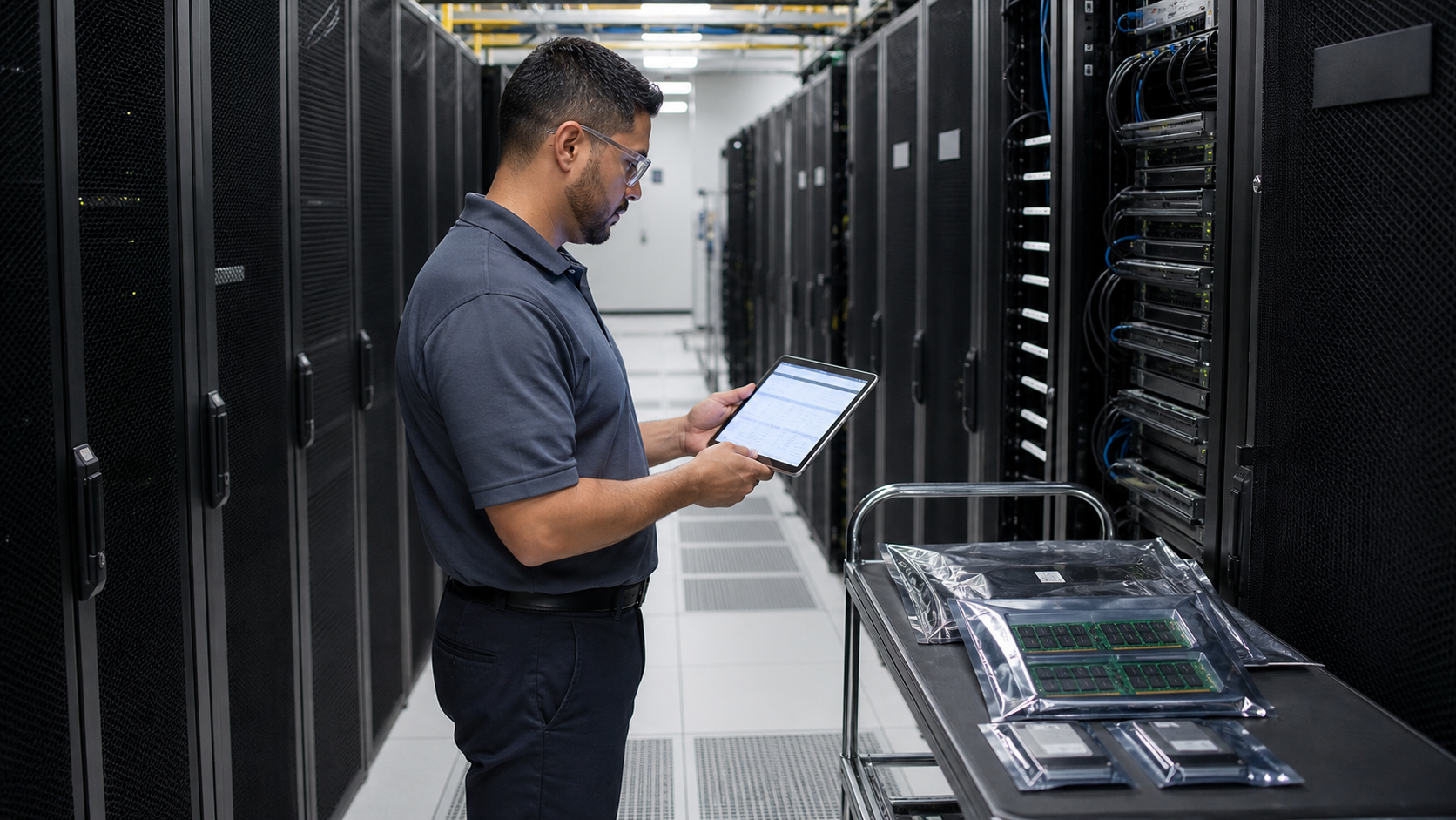 IT reseller reviewing server parts quotation on dual monitors with server components on desk