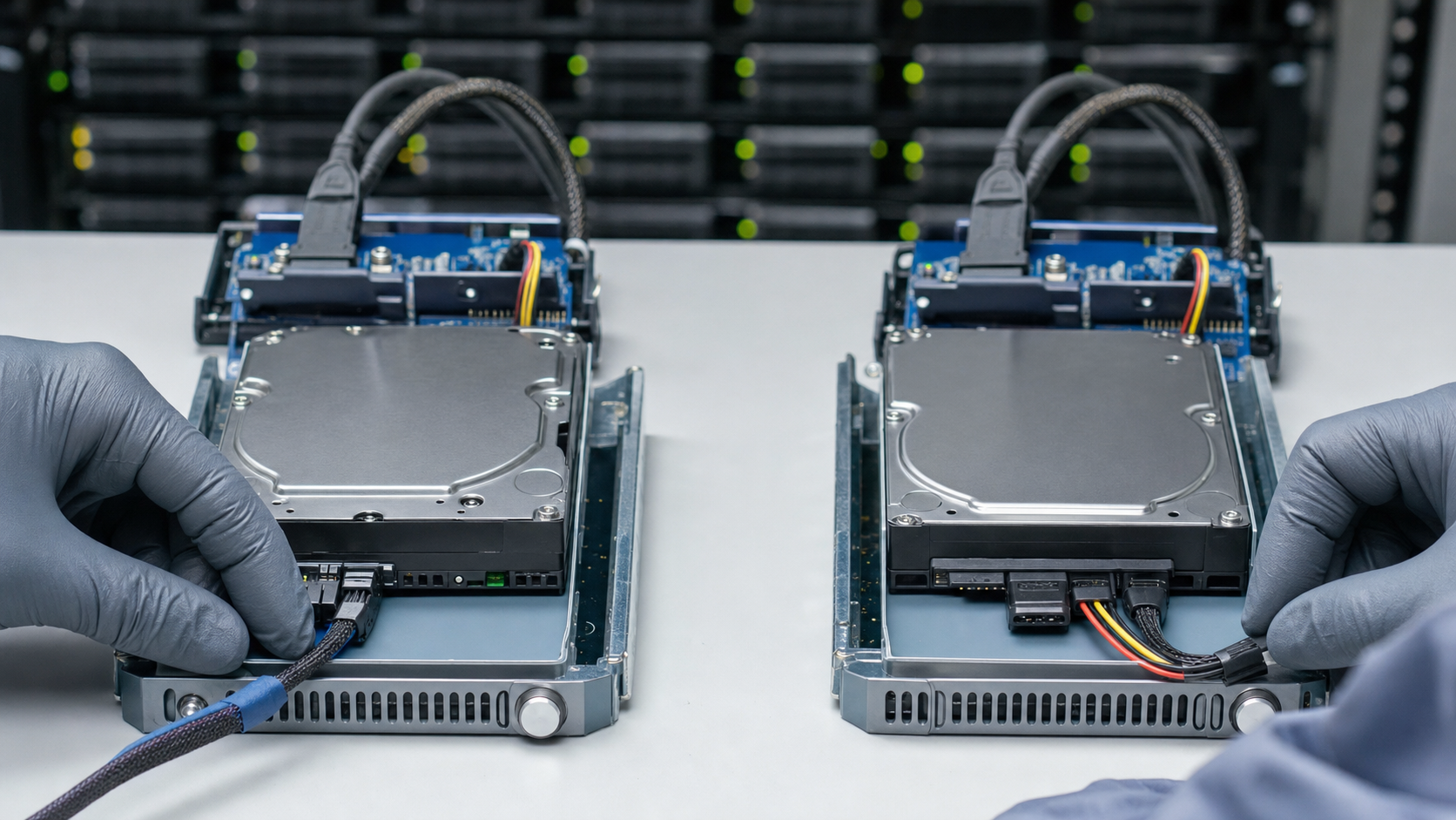 Data center engineer inspecting enterprise SAS and SATA drives