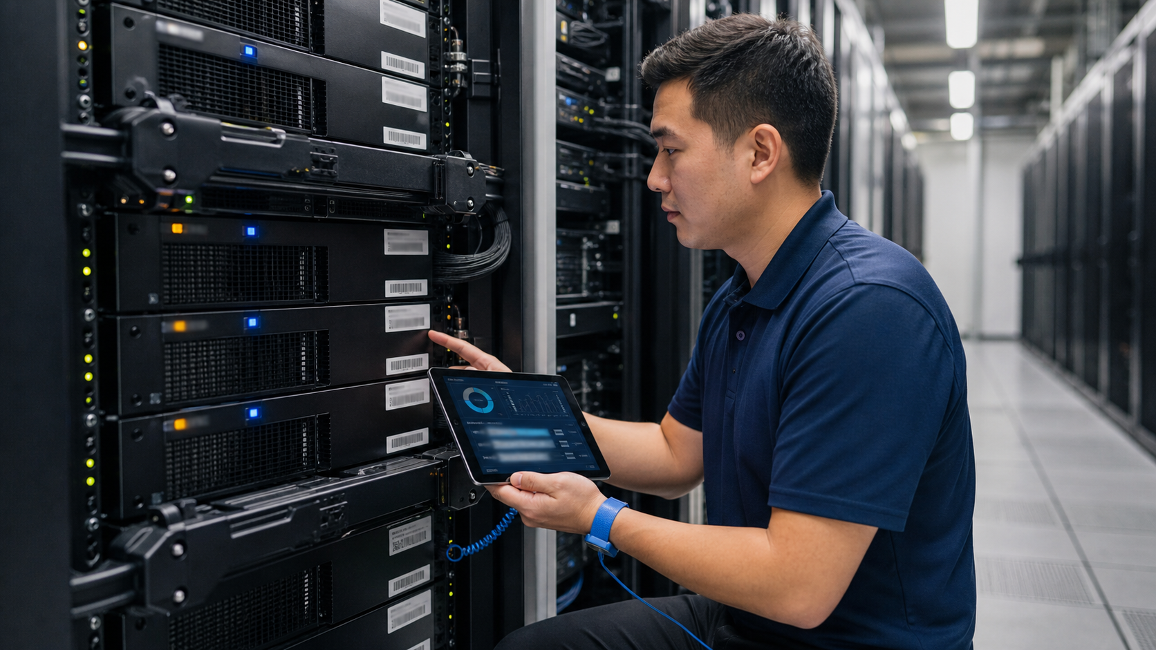 Data center rack with labeled server components showing serial numbers and batch codes for traceability