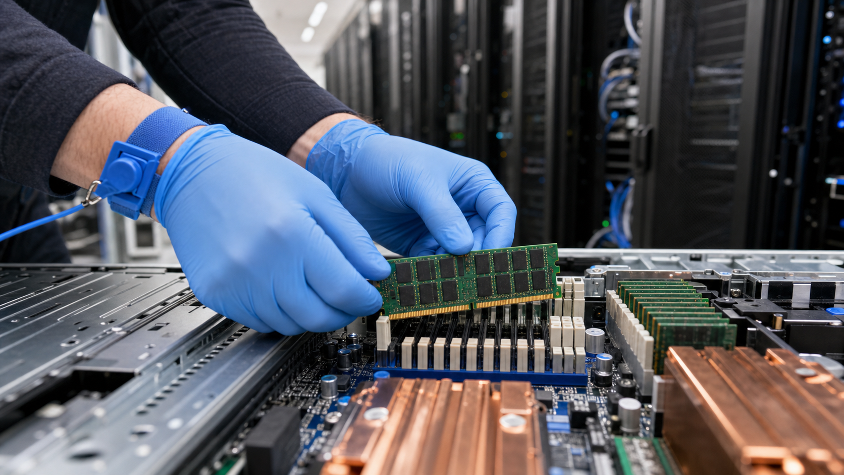 Data center server rack with memory modules being installed, close-up of DIMM slots