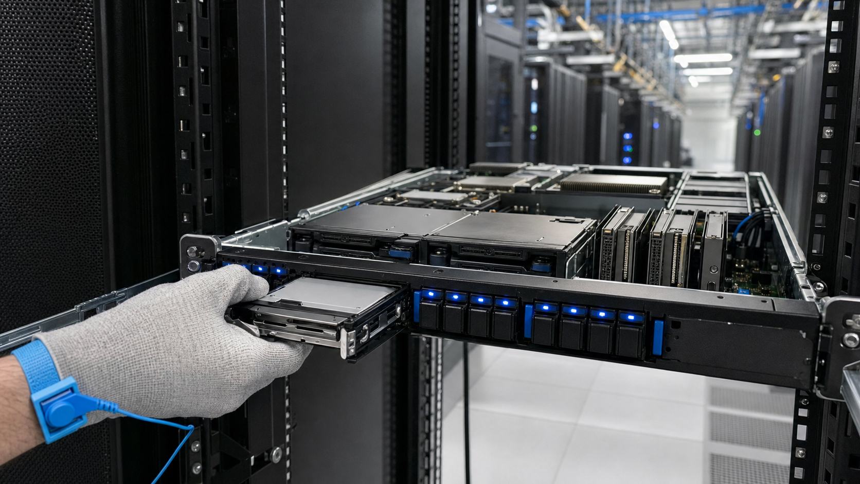Data center server rack with U.2, U.3 and E3.S enterprise SSDs being installed by a technician