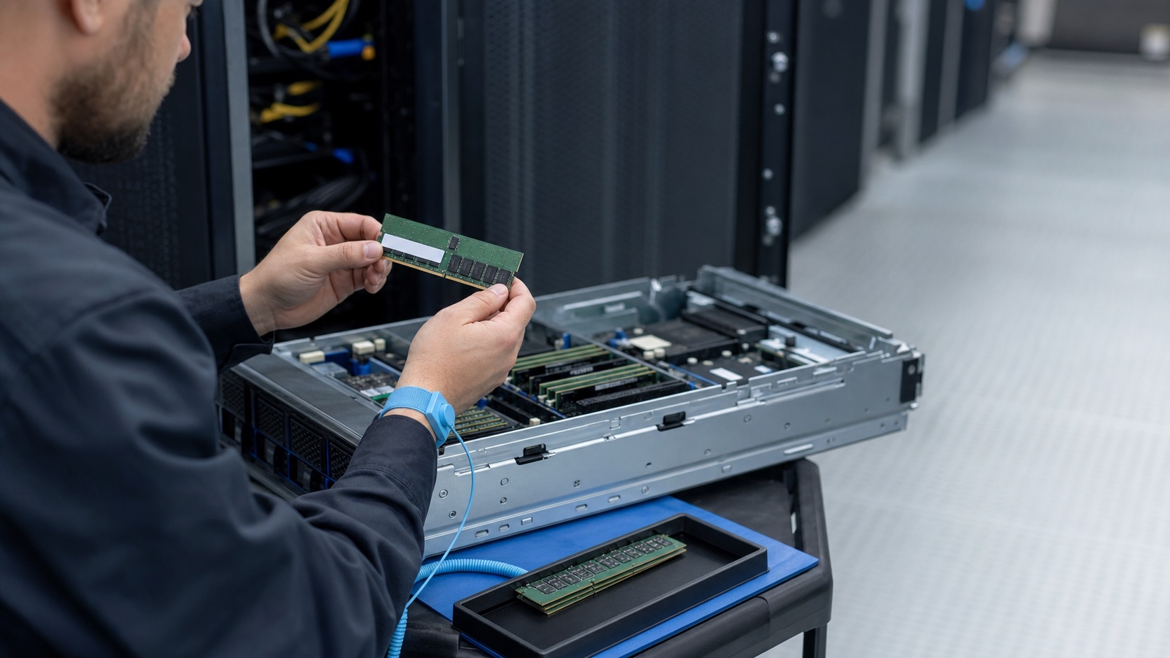Data center technician inspecting the label on a server memory module