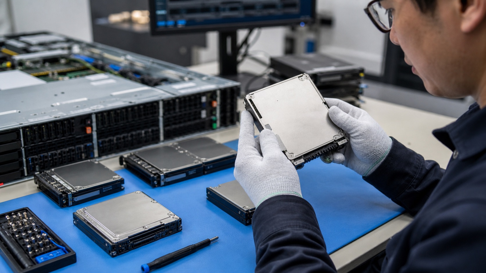 Engineer inspecting enterprise SSDs at a server validation bench